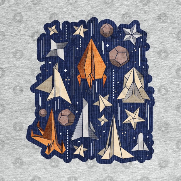 Reaching for the stars // illo // navy blue background ivory grey brown and orange origami paper asteroids stars and space ships traveling light speed by SelmaCardoso